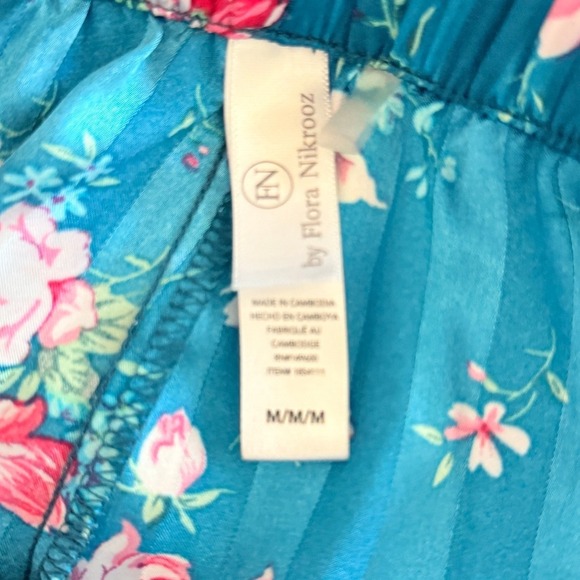 Floral Pajama Set Teal Pink Striped Sleepwear  Matching Shorts Button Up Size M - Picture 6 of 7